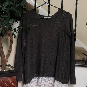 Lace trim grey knit Long sleeve blouse